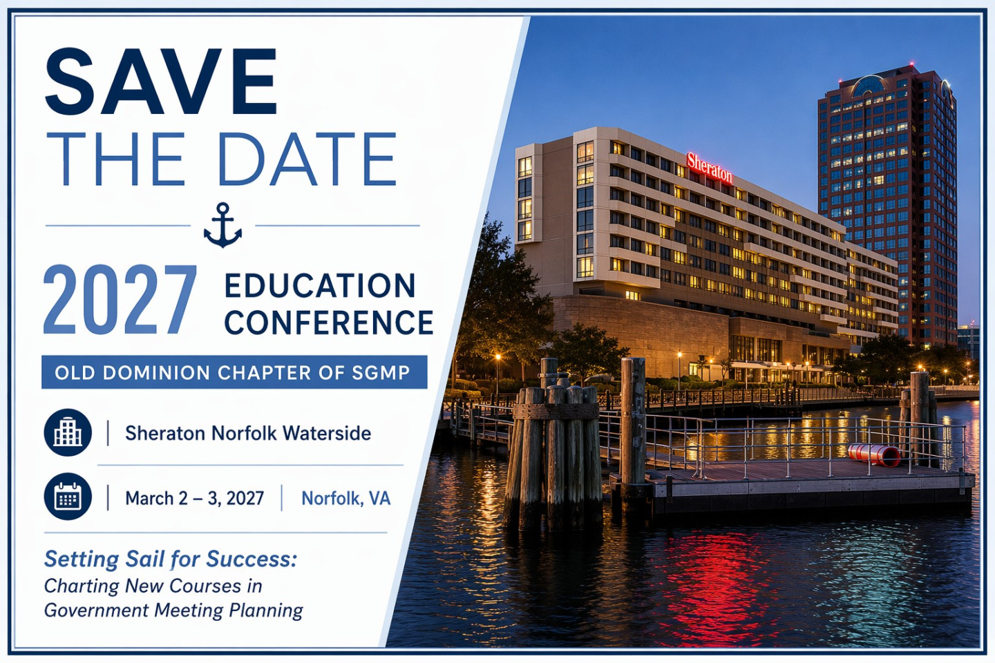 Sheraton Norfolk image with Save the date information